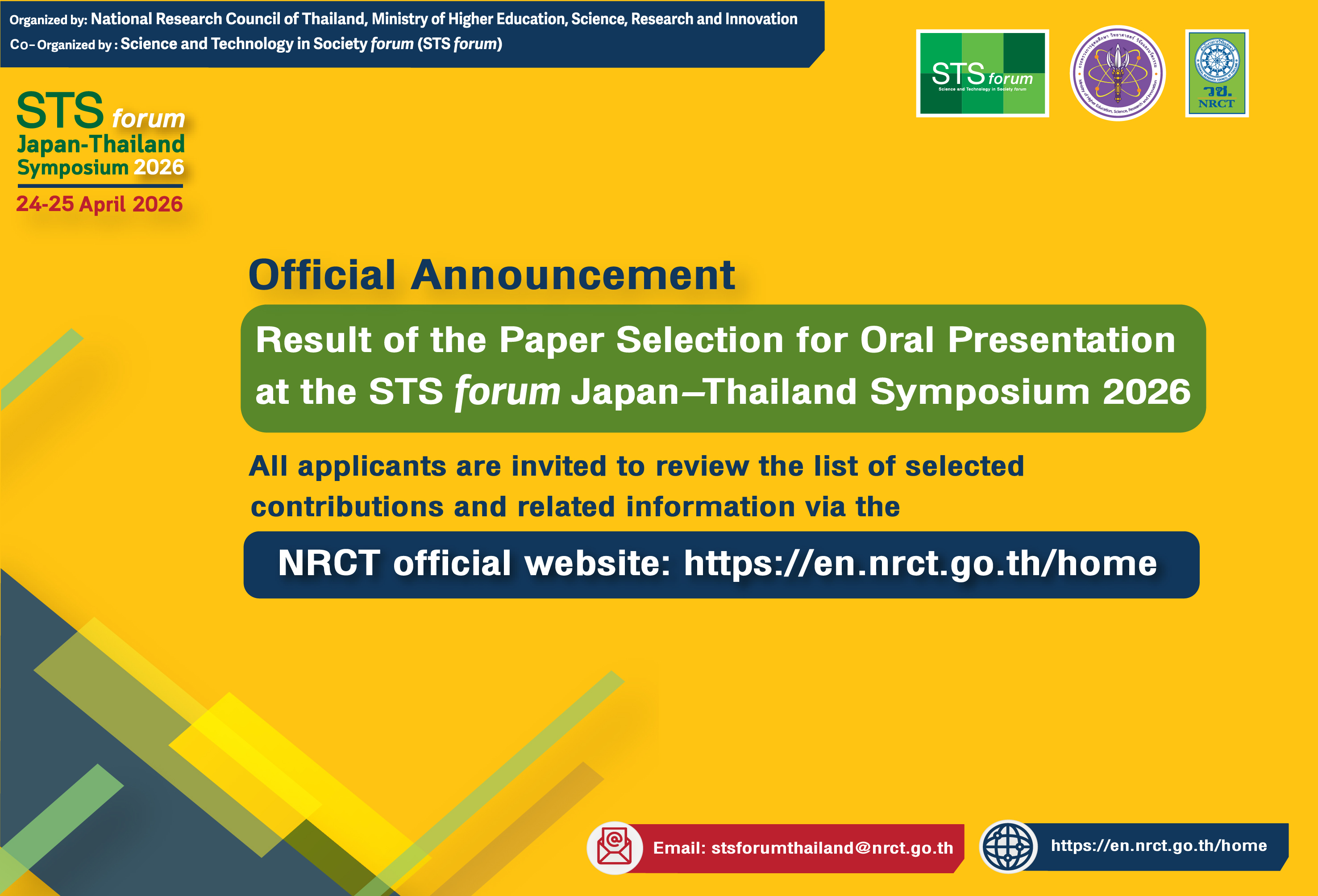 Official Announcement Result of the Paper Selection for Paper Presentation at the “STS forum Japan–Thailand Symposium 2026”